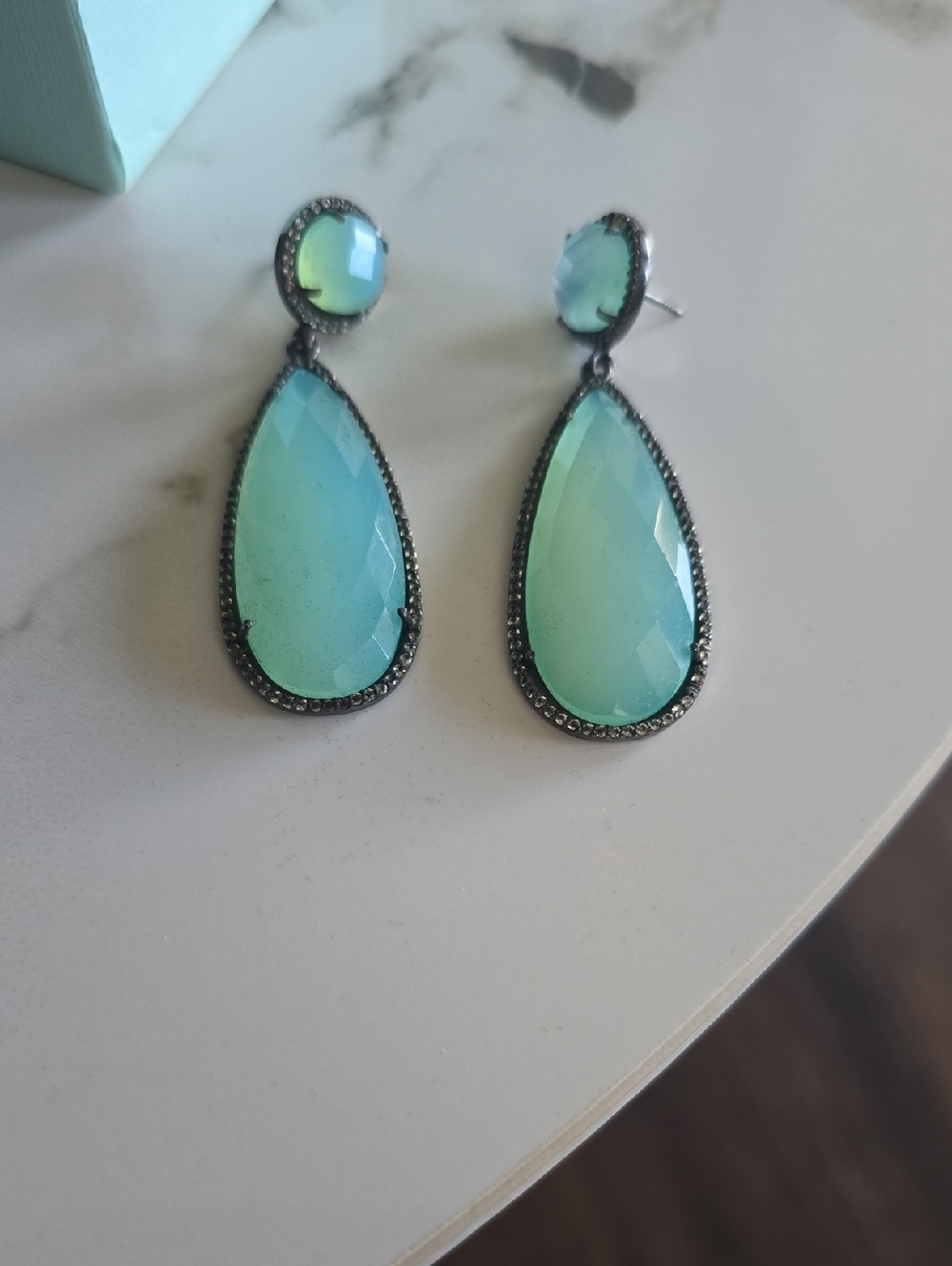 Blacken Sterling Silver Blue Quartz Teardrop Dangle Earrings -